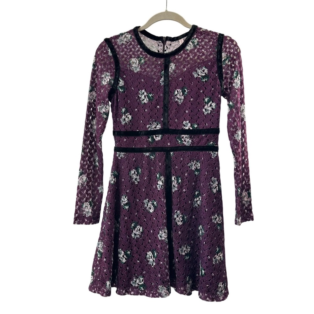 Xhilaration Purple Floral Lace XS Long Sleeve Fit & Flare Mini Dress Whimsigoth